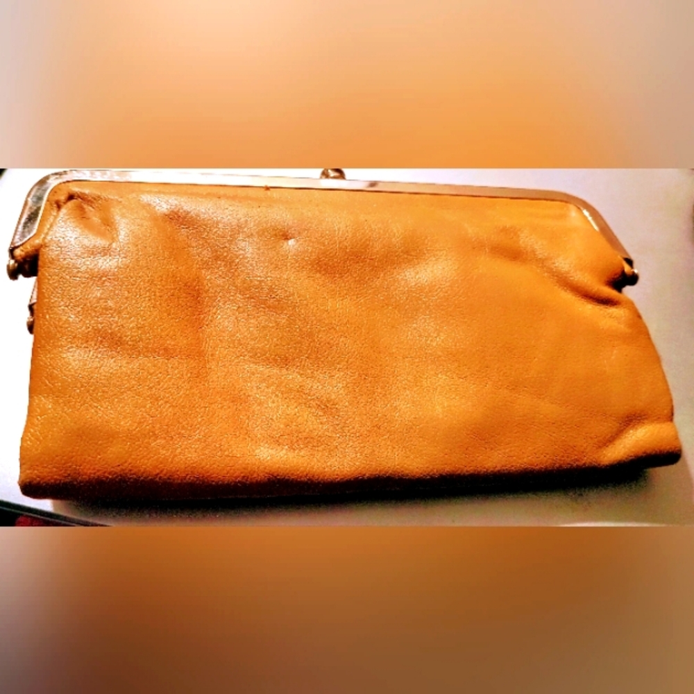 Vintage Double Clutch Carmel Leather design purse with zipper inside & pockets.